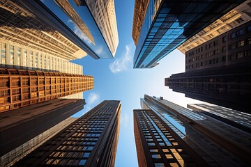 looking up a group of tall buildings