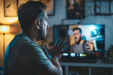 man gesturing disagreement with var decision on screen - obrazy, fototapety, plakaty