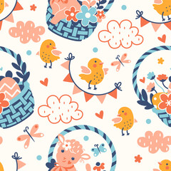 Sunny and funny Easter seamless pattern. Vector bright background with Easter eggs and playful chickens. Wrapping paper, background or light textile products
