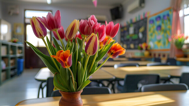 tulips in a vase in classroom, happy teacher's day
