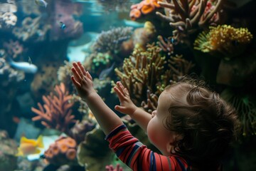 child pressing hands against a fish tank wall - obrazy, fototapety, plakaty