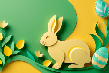 Paper cut style easter background with spring rabbit, flowers and easter eggs in soft sunshine yellow and spring green colors.