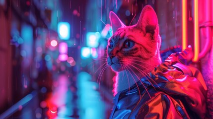 cat portrait with purple glowing fur effect from neon light. AI generated