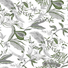 Seamless pattern of tropical leaves. Vector seamless pattern. Tropical illustration. Jungle foliage

