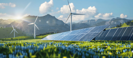 A solar panel farm stands in an open field with wind turbines in the background, symbolizing the advancement of green energy and sustainable development. Beautiful green energy landscape.