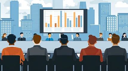 Speaker Giving Speech with Graph Charts Against Cityscapes in a Business Meeting, Business Plan Briefing to the Audience. Teacher in the Classroom Guides Student Showing Monitor, flat 2D vector