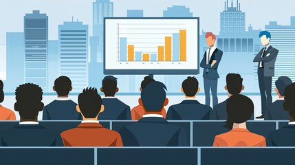 Speaker Giving Speech with Graph Charts Against Cityscapes in a Business Meeting, Business Plan Briefing to the Audience. Teacher in the Classroom Guides Student Showing Monitor, flat 2D vector