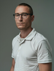 Obraz premium A young man in a white polo shirt and glasses carries a serious and focused demeanor