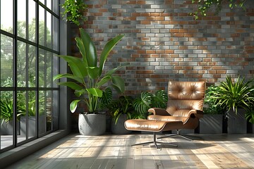 Room With Chair, Potted Plants, and Brick Wall