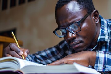 man with glasses jotting notes beside book