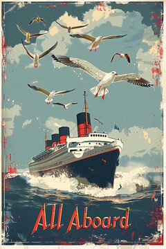  Vintage retro style travel poster of a cruise ship ocean liner with seagulls on a textured background with "All Aboard".