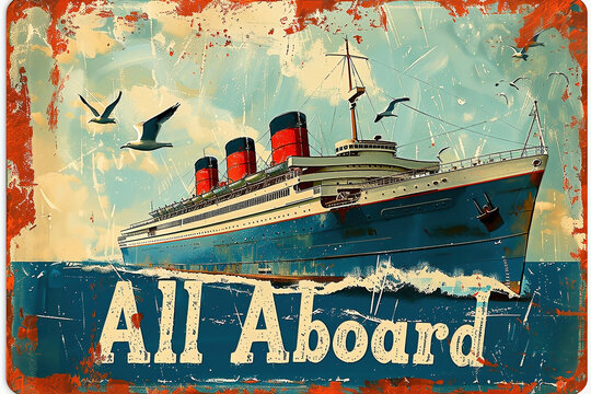 Vintage retro style travel poster of a cruise ship ocean liner with seagulls on a textured background with "All Aboard".