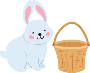 Wicker and white rabbit. Cute bunny color character