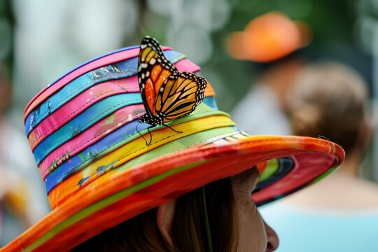butterfly landing on a visitors colorful hat