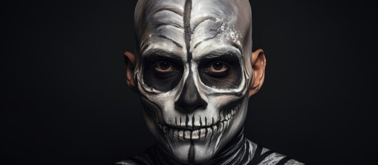 Obraz premium A man with half of his face painted like a skeleton, exposing his jaw and bone structure. The skull art on his sleeve matches the fictional character at the event, standing out in the darkness