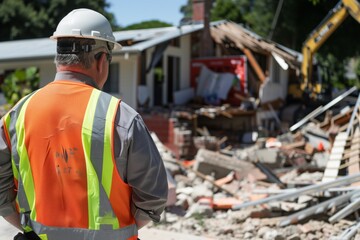 safety inspector with a vest near demolished house remains
