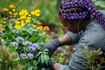 gardener with violet braided hair planting flowers