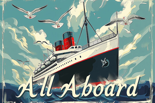 Vintage retro style travel poster of a cruise ship ocean liner with seagulls on a textured background with "All Aboard".