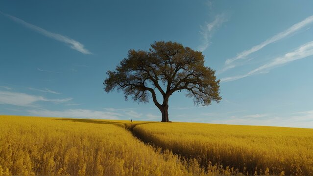 Blue sky, yellow field, a tree in the distance, a person standing alone on it, in the style of minimalist, high definition photography, clean background, high resolution, bright colors