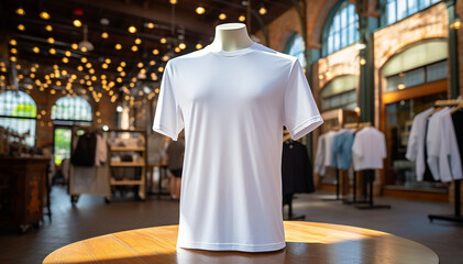 White t-shirt mockup. Blank template male white t shirt on clothing shop market background. Man summer short-sleeve wear front view. Empty clear shirt with copy space. Transparent casual clothes