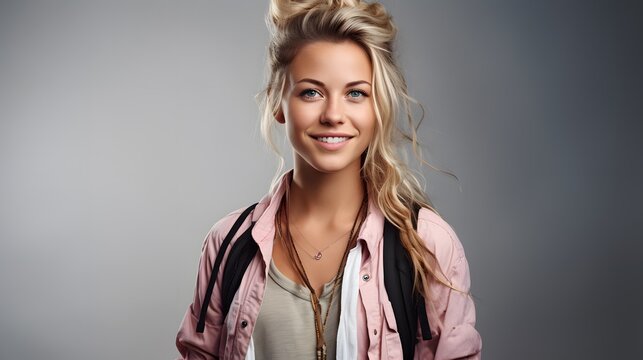 Smiling blonde female tourist with backpack on a studio background
