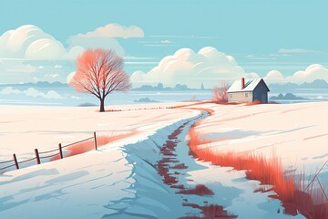 a snowy landscape with a small house and a small tree