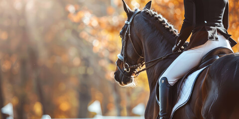Equestrian elegance captured in the profile of a black horse and rider against the warm glow of an autumn forest backdrop. - obrazy, fototapety, plakaty