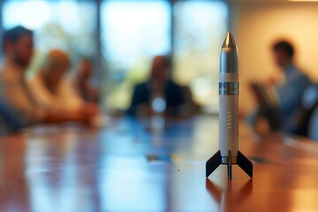 rocket on conference table with meeting attendees blurred - obrazy, fototapety, plakaty