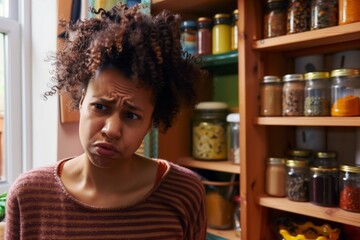 woman looking frustrated in front of open pantry with mismatched spice jars