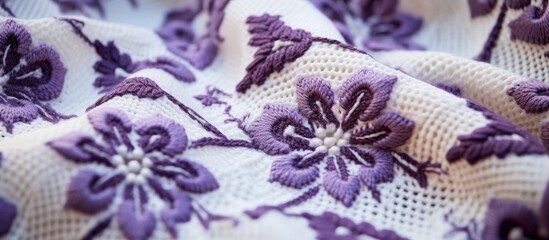 Fototapeta na wymiar A closeup shot showcasing a piece of fabric adorned with symmetrical purple flowers, showcasing the intricate pattern and creative artistry of nature