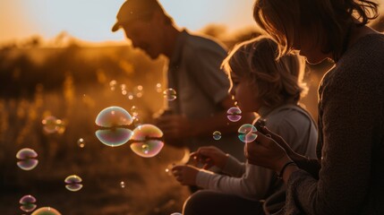 A candid moment captures a family with a child blowing soap bubbles during a warm, golden sunset in an open field, evoking joy and togetherness.