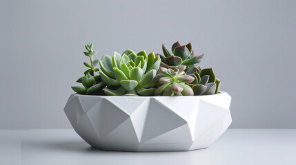 Succulent plants in modern geometric concrete planter minimal style 
