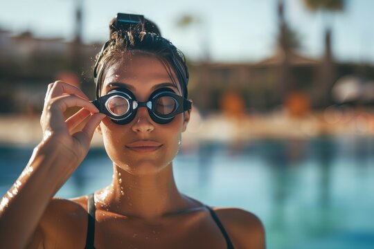 female swimmer adjusting goggles poolside - Powered by Adobe