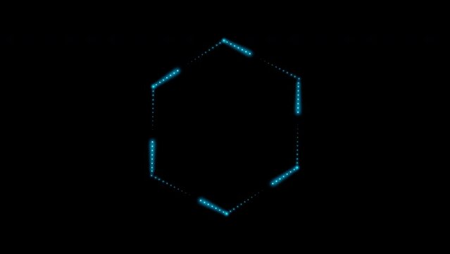 Glowing neon hexagon made of many small blue flashing dots, light bulbs. 4k 3d loop animation 60 fps.