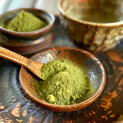 Green tea in a measuring cup before preparing tea