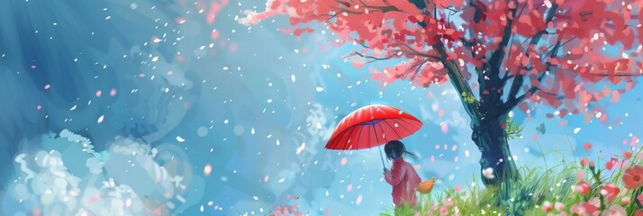 girl with an umbrella in pink tree in sky - obrazy, fototapety, plakaty