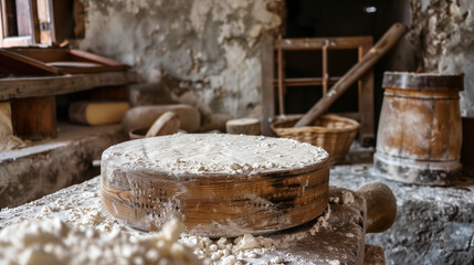 Cheesemaking at an old countryside dairy. Large cheese wheel covered in flour with vintage cheesemaking equipment.