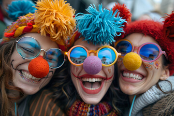 Trio caught in a selfie on fool's day, wearing jester noses and amusing glasses, roaring with laughter at a joke. - obrazy, fototapety, plakaty