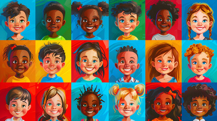 Pictures of children of different nationalities happy smile in cartoon form
