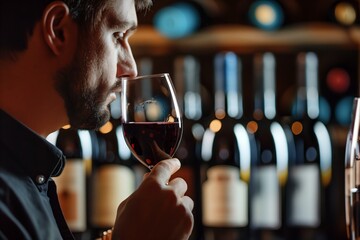 tasting wine, owners profile with blurred bottles