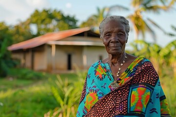 matriarch in a colorful wrap dress, ancestral home in the background