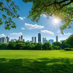 Tall buildings, green fields, and sky.