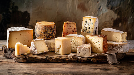 Diverse selection of fine cheeses on aged wooden plank. Cheese variety and culinary concept with copy space.
