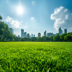 Tall buildings, green fields, and sky.