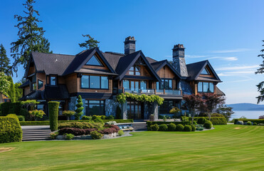 Fototapeta na wymiar Beautiful two story luxury home in the British Columbia region of Canada, with blue sky and green grass. The house has shingle roof tiles, white windows, gray walls