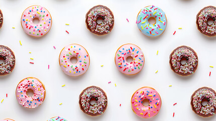 Various types of donuts Placed on a white table