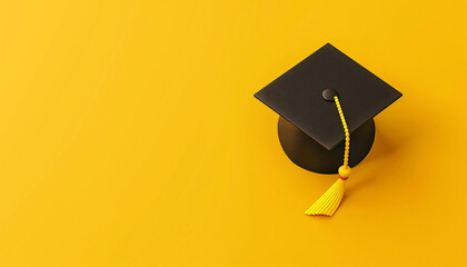graduation cap on solid yellow background with copy space 