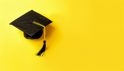 graduation cap on solid yellow background with copy space  - obrazy, fototapety, plakaty