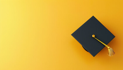 graduation cap on solid yellow background with copy space 