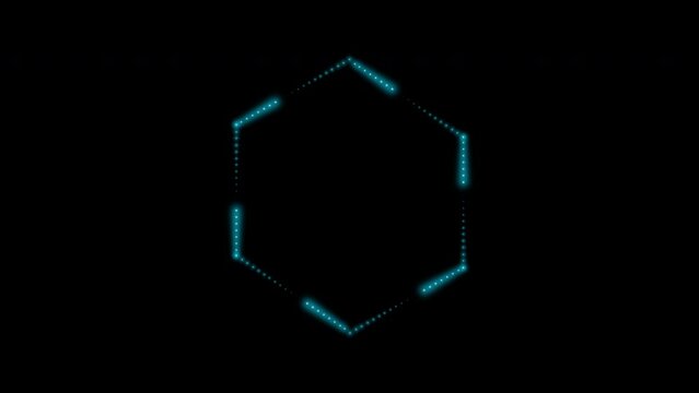 Glowing neon hexagon made of many small blue flashing dots, light bulbs. 4k 3d loop animation 60 fps.